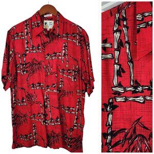 Vintage M.E. Sport Shirt Mens Medium Bamboo Palm Print Rayon Hawaiian Red Tiki